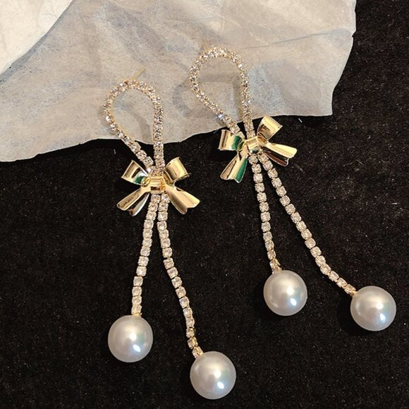 Bow Knot Rhinestone Pearl Earrings - Picture 2 of 2